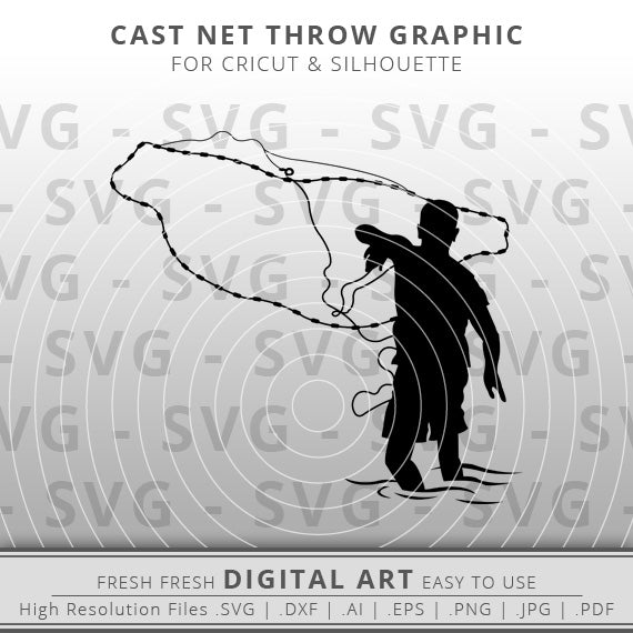 boy throwing cast net svg fish outline