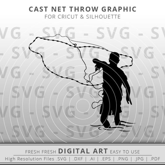 boy throwing cast net svg fish outline