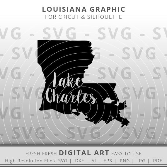 Lake Charles written in script font inside louisiana state outline