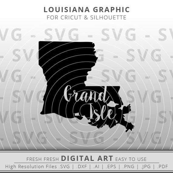 Grand Isle written in script font inside louisiana state outline