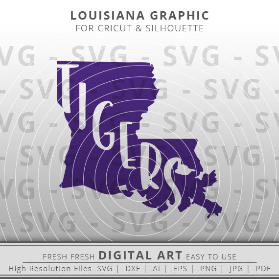 Tigers written inside louisiana state outline