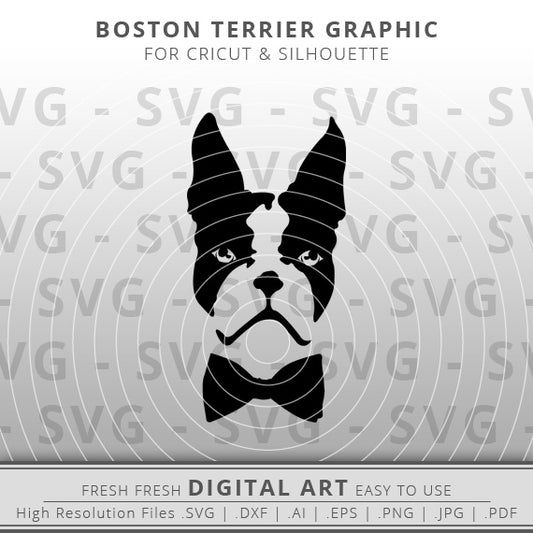 Outline of a boston terrier head with black bow tie