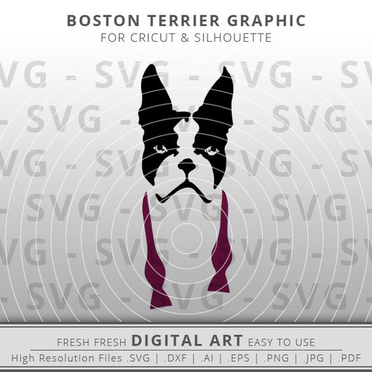 Outline of a boston terrier head with purple bow tie untied