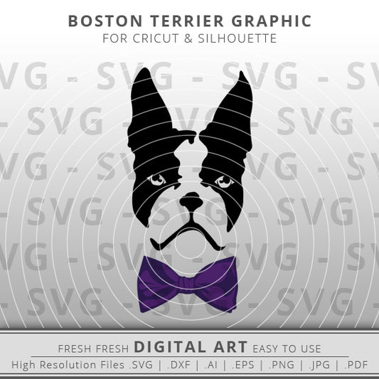 Outline of a boston terrier head with purple bow tie