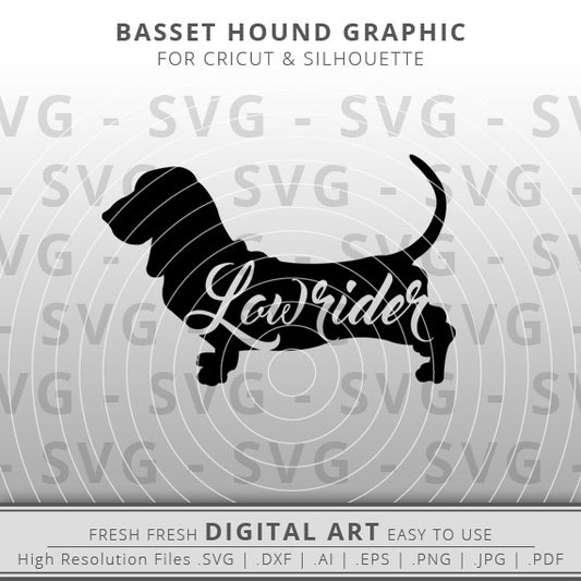 Basset hound silhouette with word lowrider inside