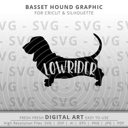 Basset hound silhouette with word lowrider inside