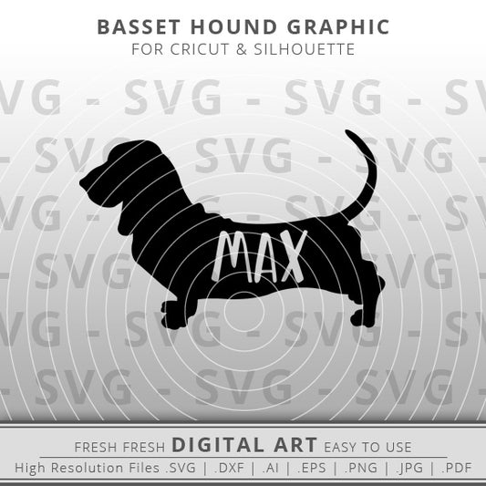 Basset hound silhouette with word max inside