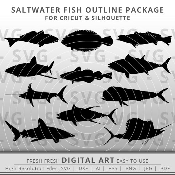 11 Saltwater Fish Bundle - Fish SVG - Sailfish - Tuna - Fishing SVG for Cricut and Silhoutte Cameo