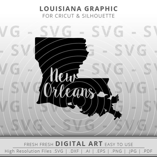 New Orleans written in script font inside louisiana state outline