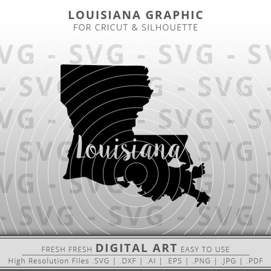 Louisiana written in script font inside louisiana state outline